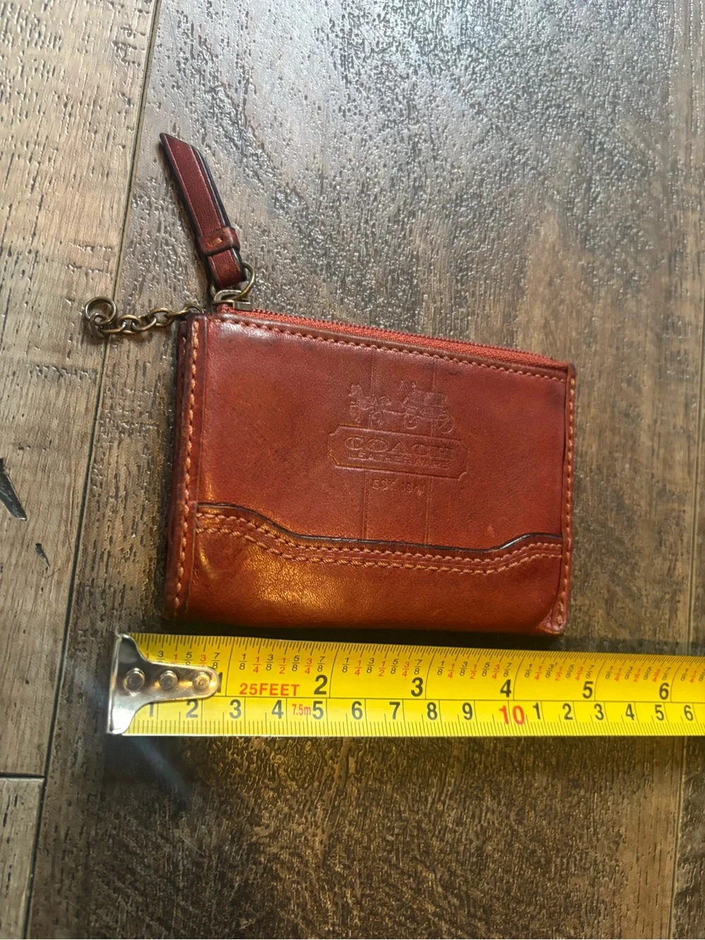 Coach Red Brown Leather Zip Card Case Wallet